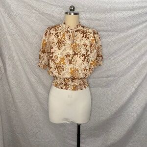Tan Brown Orange Paisley Pattern Business Casual Blouse Under Bow Tie Neckline